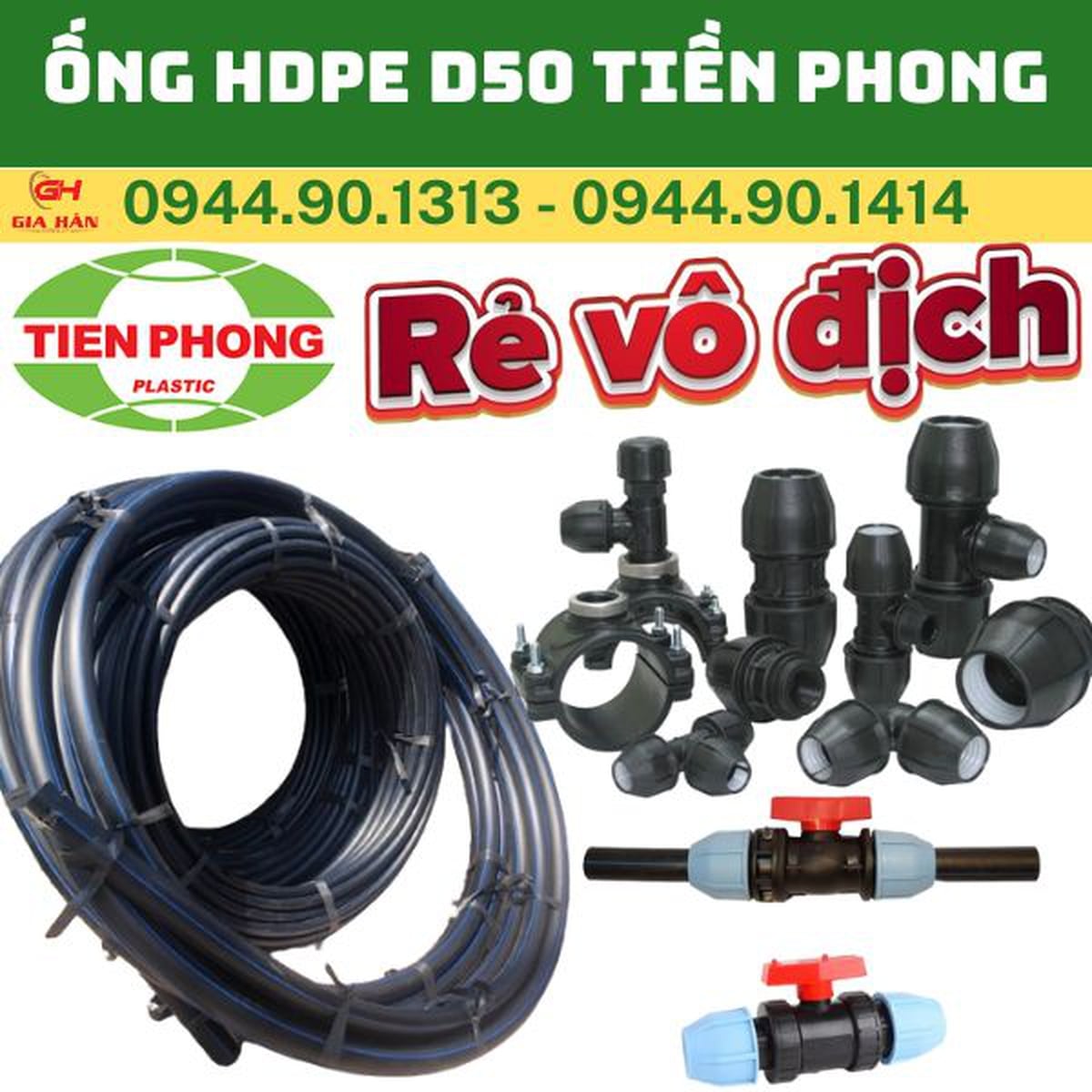 Ống HDPE D50 Tiền Phong PE100: PN8–PN20 & Giá