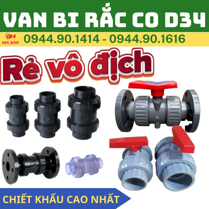 Van Bi Rắc Co PVC D34 l Van 2 Đầu Rắc Co PVC