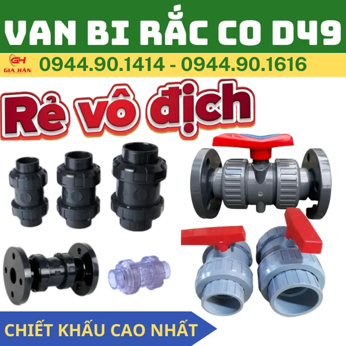 Van Bi Rắc Co PVC D49 l Van 2 Đầu Rắc Co PVC