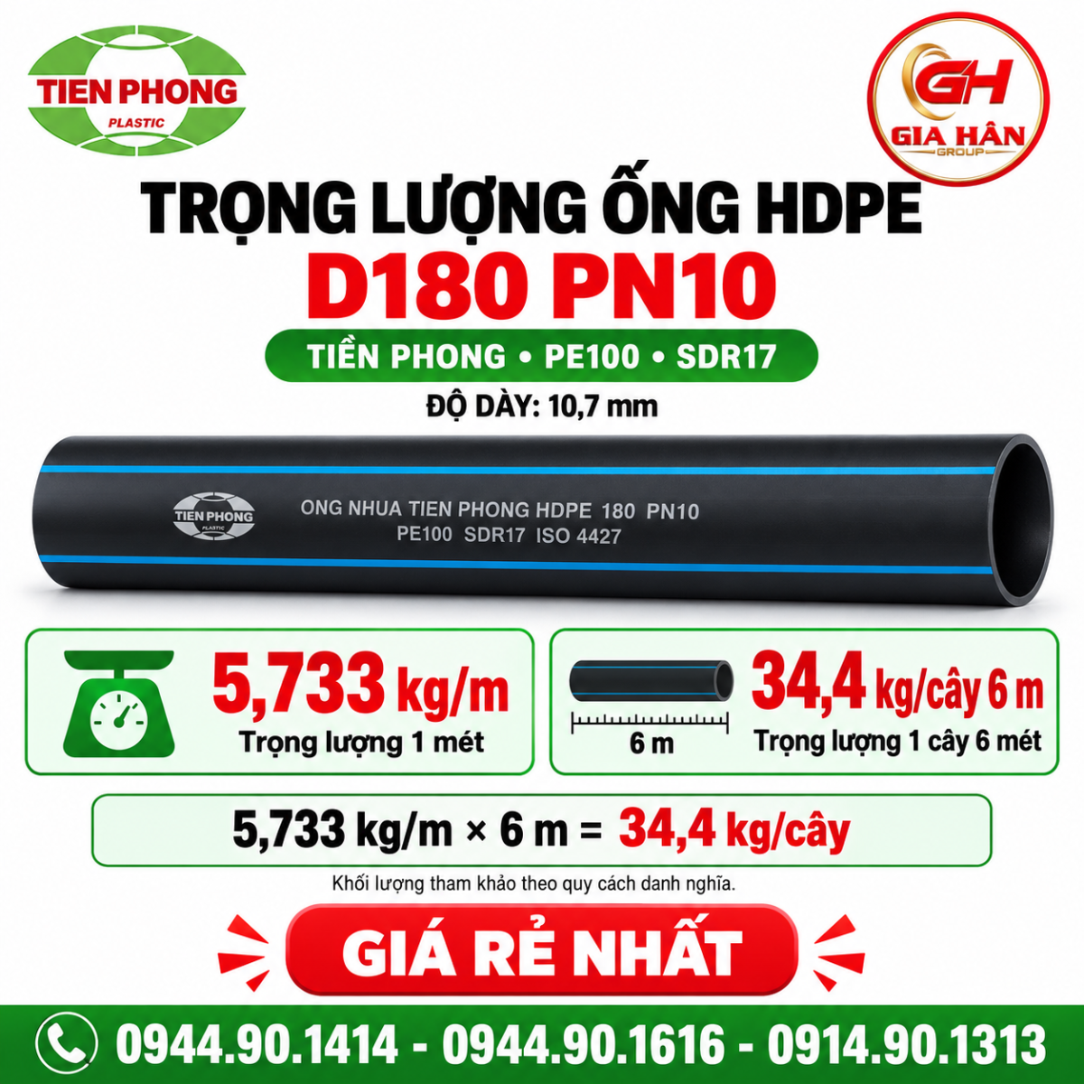 trọng lượng ống HDPE D180 PN10 Tiền Phong PE100, dày 10,7 mm, nặng 5,733 kg/m và 34,4 kg/cây 6 m.