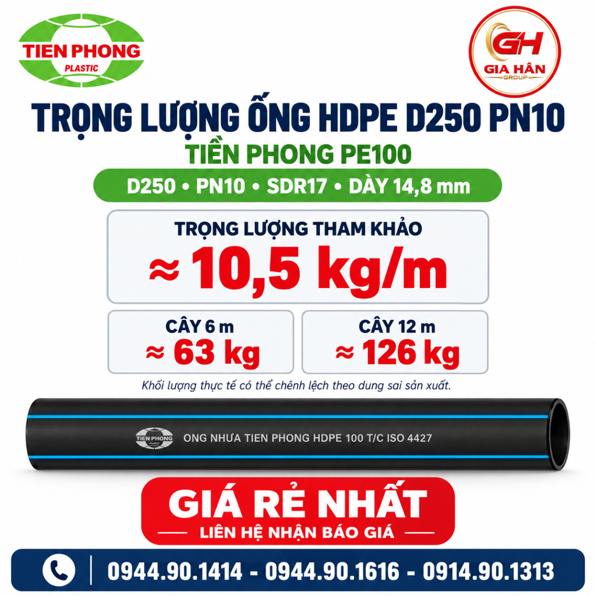 Trọng lượng ống HDPE D250 PN10 Tiền Phong PE100 khoảng 10,5 kg/m, dày 14,8 mm, SDR17