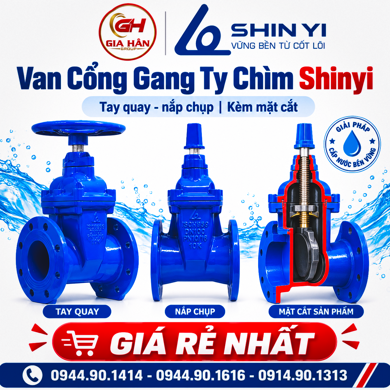 Cấu tạo van cổng gang ty chìm Shin Yi bản tay quay RVHX và nắp chụp RVCX