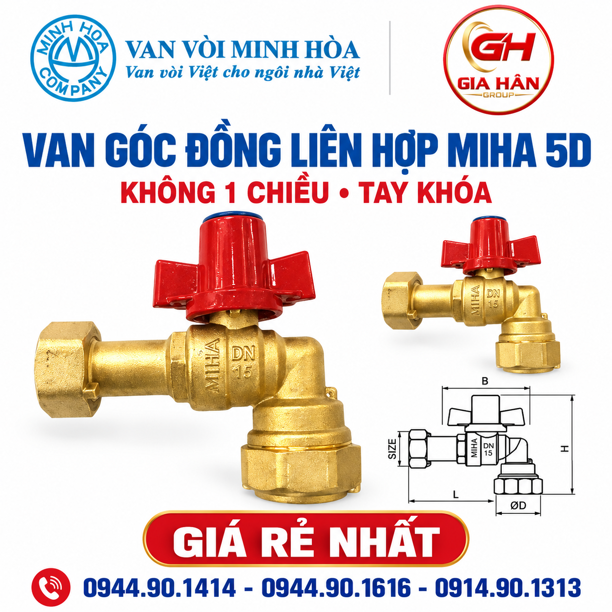Van góc đồng liên hợp không 1 chiều MIHA 5D tay khóa chính hãng Minh Hòa