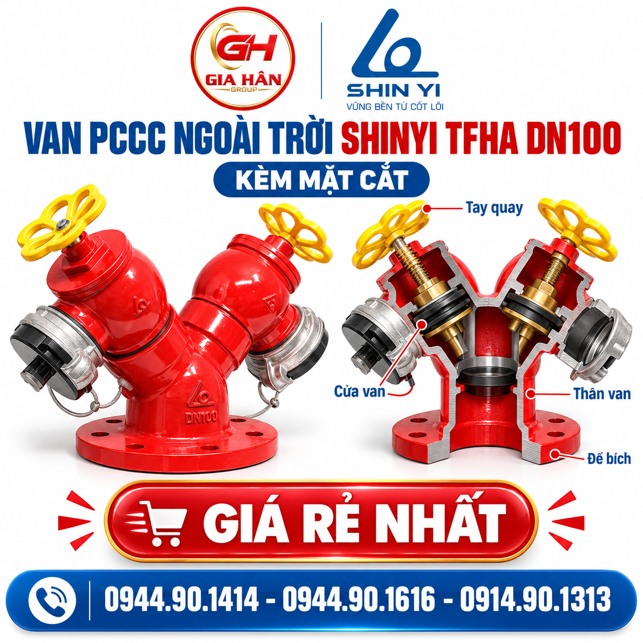 Cấu tạo van PCCC ngoài trời ShinYi TFHA DN100 chữ Y thân gang cầu sơn đỏ