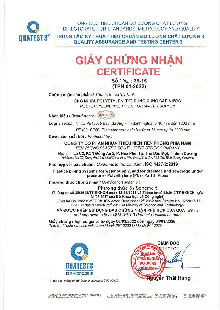 Hợp chuẩn - Hợp quy - Quatest 3 Ống và phụ kiện Nhựa HDPE Tiền Phong
