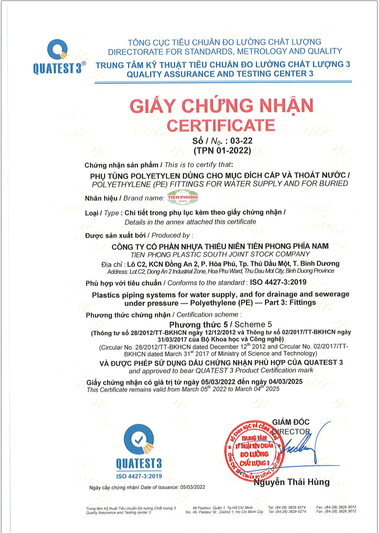 Hợp chuẩn - Hợp quy - Quatest 3 Ống và phụ kiện Nhựa HDPE Tiền Phong