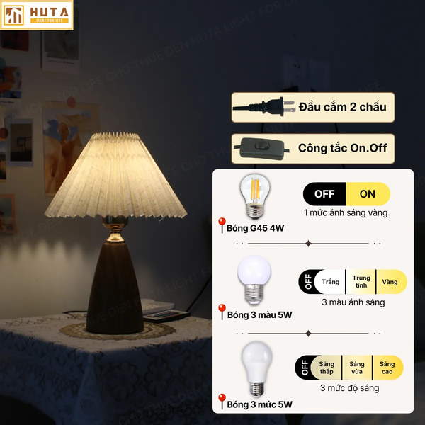 Cho Thuê Đèn Ngủ Thân Kim Loại Mã T10 | Decor Không Gian | Chao Xếp Ly