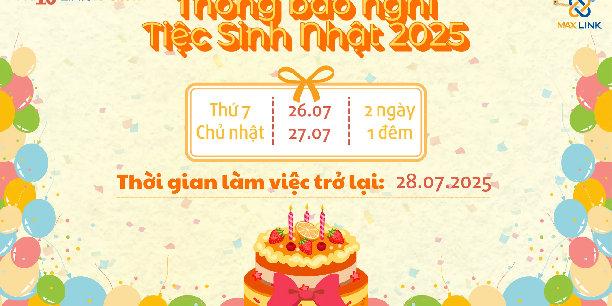 Thông Báo Lịch Nghỉ Tiệc Sinh Nhật MaxLink 2025