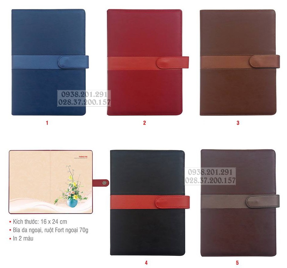 Sổ tay agenda may chỉ dán keo tay cài màu xanh đỏ nâu đen
