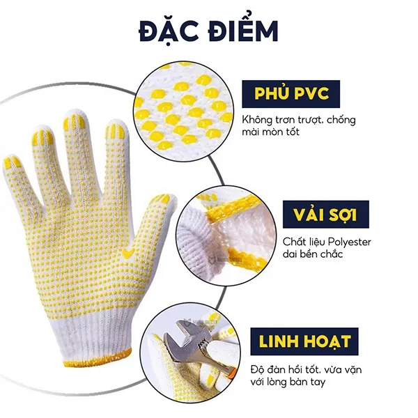 Găng tay sợi len phủ hạt nhựa vàng