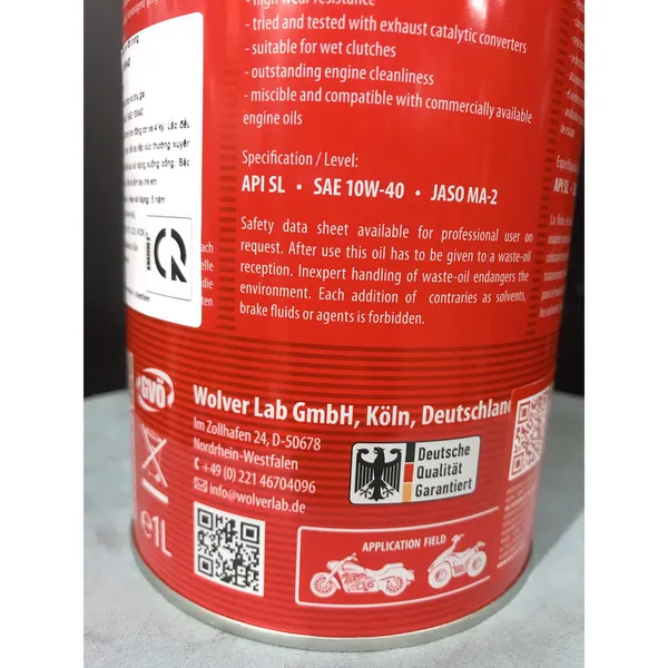 Nhớt WOLVER RACING 4T 10W40 Nhập Khẩu Sản Xuất Đức API SL, JASO MA2 0.8L