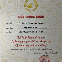 Đã hoàn thành khóa hoc: PHƯƠNG PHÁP TỔ CHỨC CÁC CHUYÊN ĐỀ KỸ NĂNG SỐNG DƯỚI SÂN TRƯỜNG