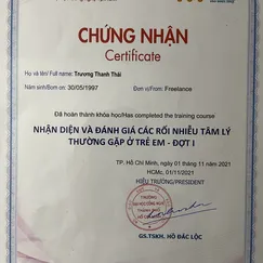 Đã hoàn thành khóa học: NHẬN DIỆN VÀ ĐÁNH GIÁ CÁC RỐI NHIỄU TÂM LÝ THƯỜNG GẶP Ở TRẺ EM 