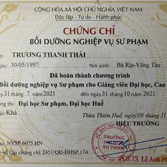 Đã hoàn thành chương trình:  BỒI DƯỠNG NGHIỆP VỤ SƯ PHẠM CHO GIẢNG VIÊN ĐẠI HỌC, CAO ĐẲNG