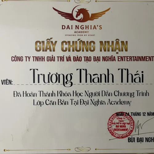 Đã Hoàn Thành Khóa Học: NGƯỜI DẪN CHƯƠNG TRÌNH LỚP CĂN BẢN TẠI ĐẠI NGHĨA ACADEMY 