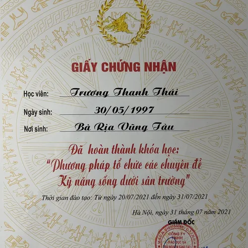 Đã hoàn thành khóa hoc: PHƯƠNG PHÁP TỔ CHỨC CÁC CHUYÊN ĐỀ KỸ NĂNG SỐNG DƯỚI SÂN TRƯỜNG