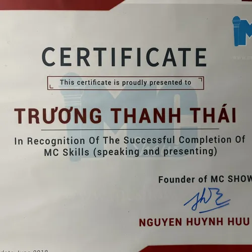 In Recognition Of The Successful Completion Of MC Skills (speaking and presenting)