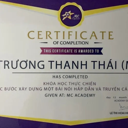 Hoàn Thành Khóa Học: CÁC BƯỚC XÂY DỰNG MỘT BÀI NÓI HẤP DẪN VÀ TRUYỀN CẢM HỨNG