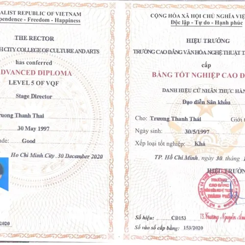 Tốt Nghiệp;  ĐẠO DIỄN SÂN KHẤU, TRƯỜNG CAO ĐẲNG VĂN HÓA, NGHỆ THUẬT TP. HỒ CHÍ MINH