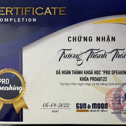 Hoàn thành khóa học:  "PRO SPEAKING" PR060122