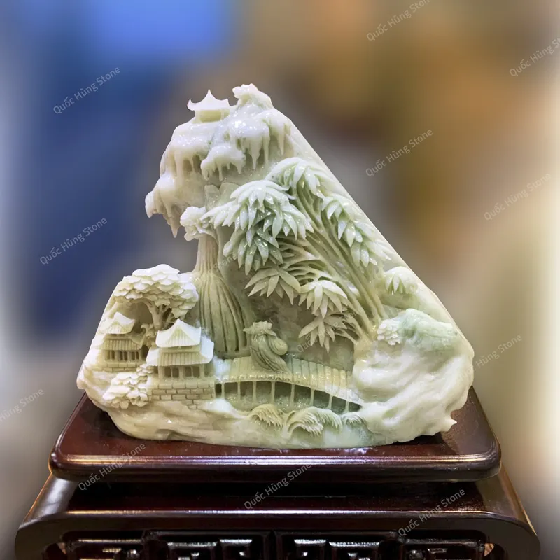 Tác Phẩm Chốn Bồng Lai Tiên Cảnh Ngọc Serpentine - 30x27cm