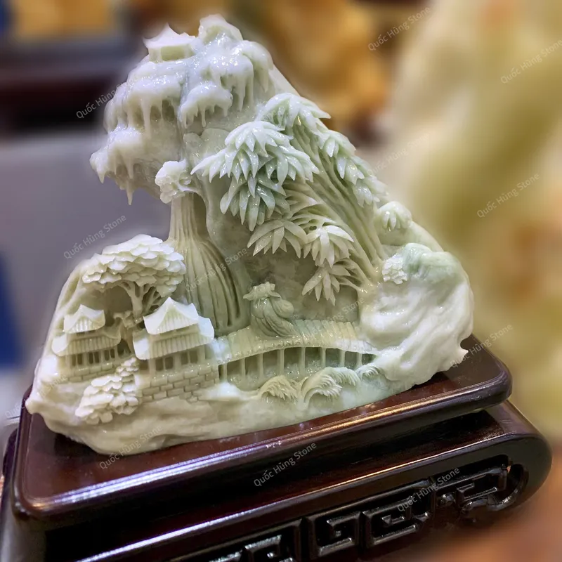 Tác Phẩm Chốn Bồng Lai Tiên Cảnh Ngọc Serpentine - 30x27cm