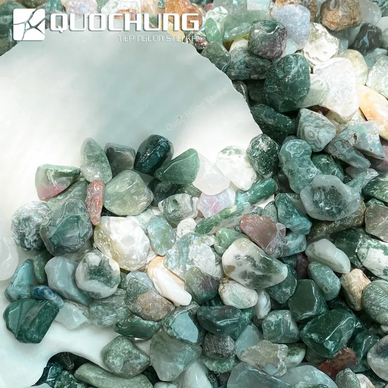 Đá Vụn Mã Não Xanh Rêu Mài Bóng