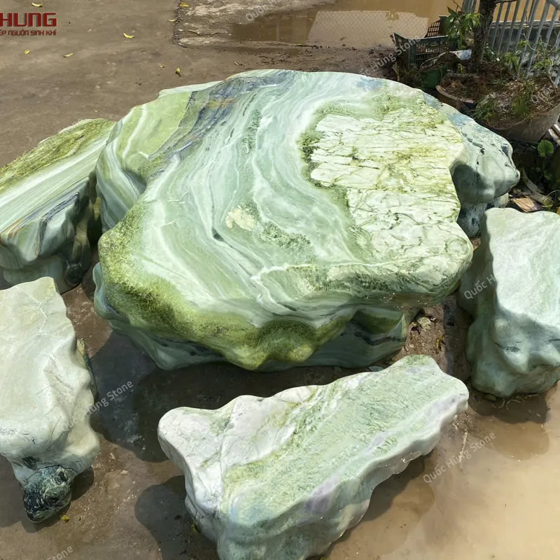 Bộ Bàn Ghế Đá Serpentine Tự Nhiên Nguyên Khối