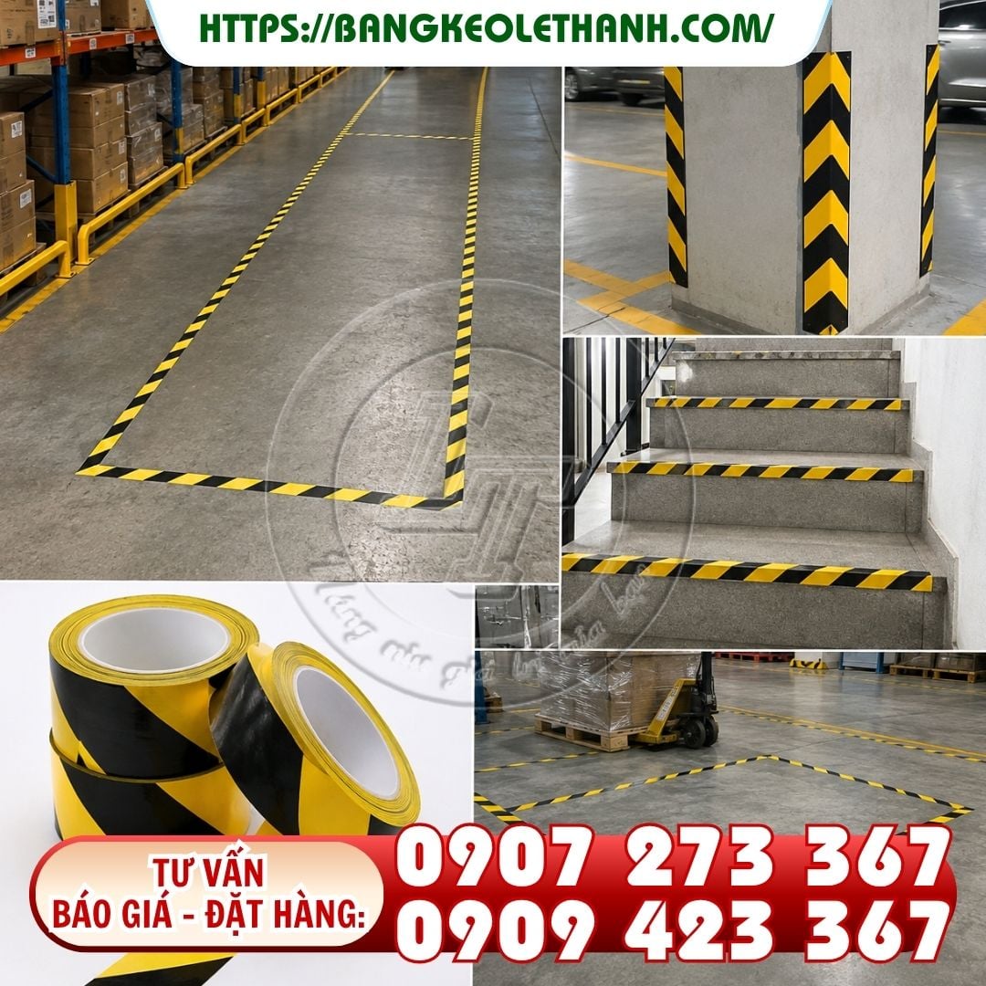 Băng keo dán nền sọc vàng đen dán sàn,kho, nhà xưởng