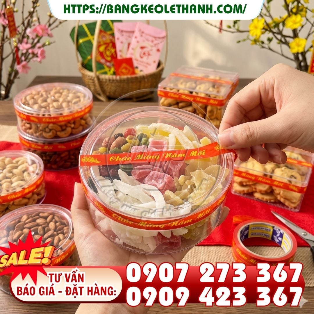 Bằng keo chúc mừng năm mới dán hộp mứt tết