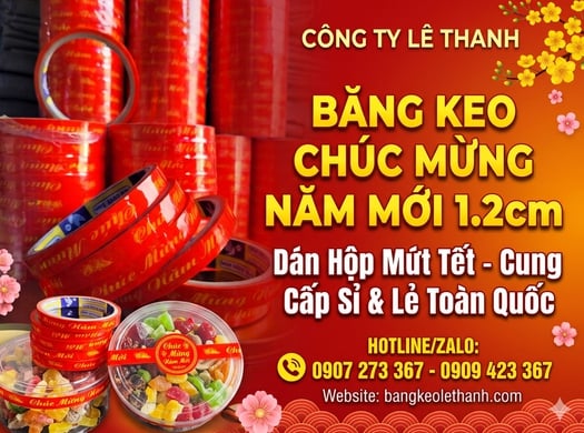 Băng keo chúc mừng năm mới 1.2cm dán hộp mứt tết cung cấp sỉ & lẻ toàn quốc