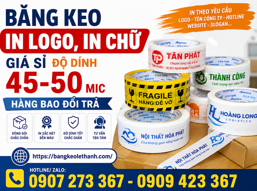Băng keo in logo, in chữ giá sỉ độ dính 45-50 mic - Hàng bao đổi trả