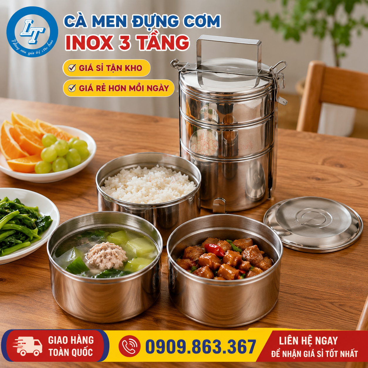 hộp đựng cơm inox 3 tầng giá sỉ giá rẻ nhất miền nam