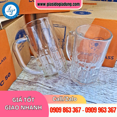 ly thủy tinh uống bia có quai cao cấp giá sỉ hôp 6 cái