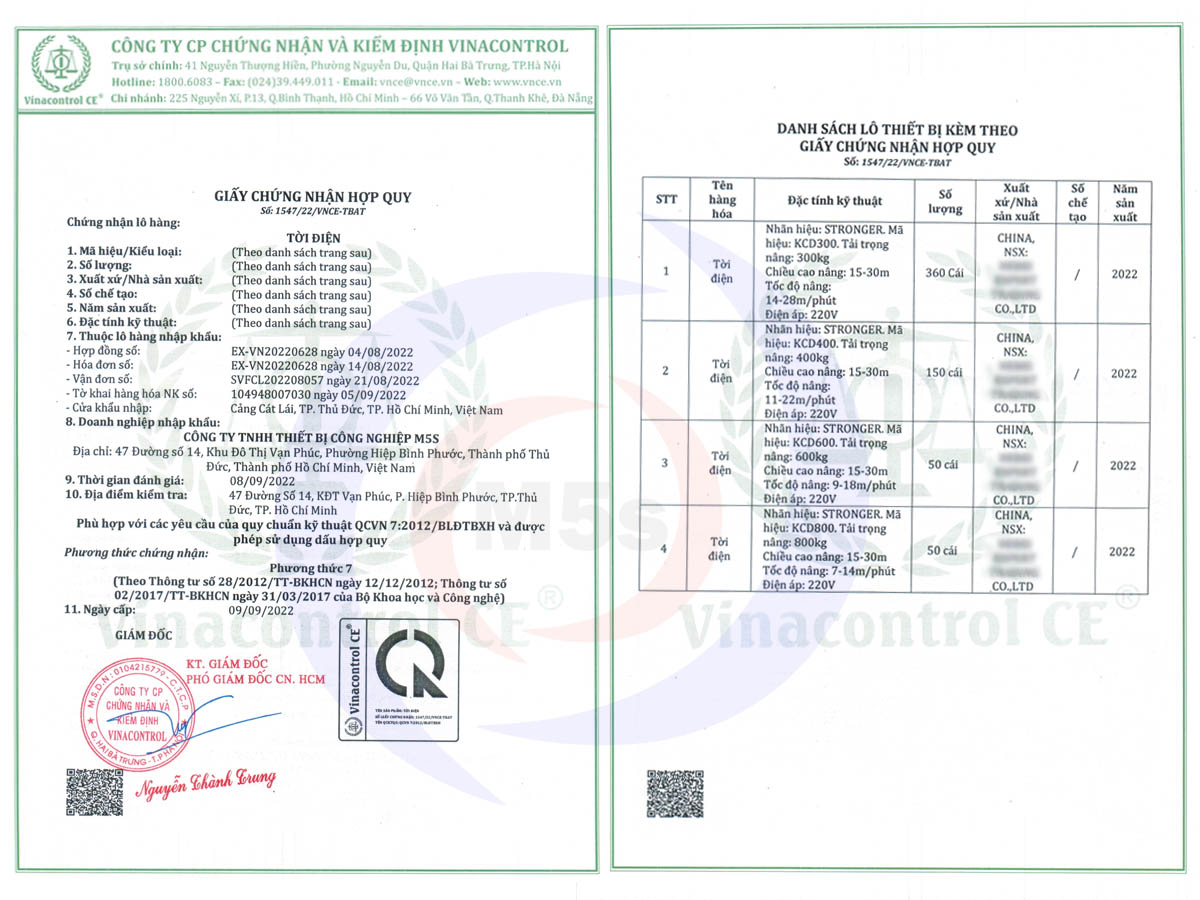 Giấy chứng nhận hợp quy của tời điện Stronger KCD Giấy chứng nhận hợp quy của tời điện Stronger KCD