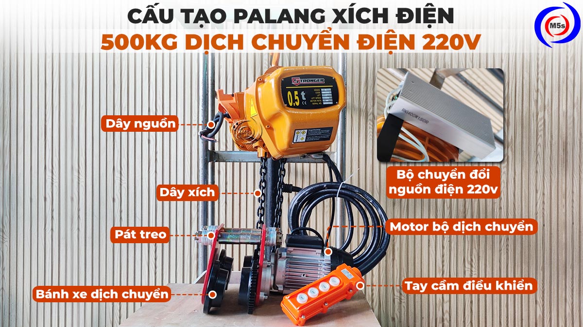 Cấu tạo pa lăng xích điện 500kg dịch chuyển điện 220V Cấu tạo pa lăng xích điện 500kg dịch chuyển điện 220V
