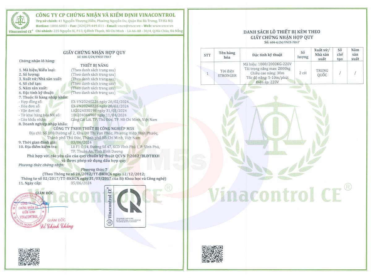 giấy chứng nhận hợp quy của tời điện Stronger 1000-2000kg giấy chứng nhận hợp quy của tời điện Stronger 1000-2000kg