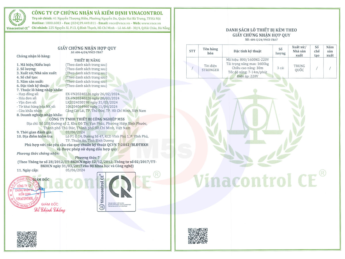 giấy chứng nhận hợp quy của tời điện Stronger 800-1600kg giấy chứng nhận hợp quy của tời điện Stronger 800-1600kg