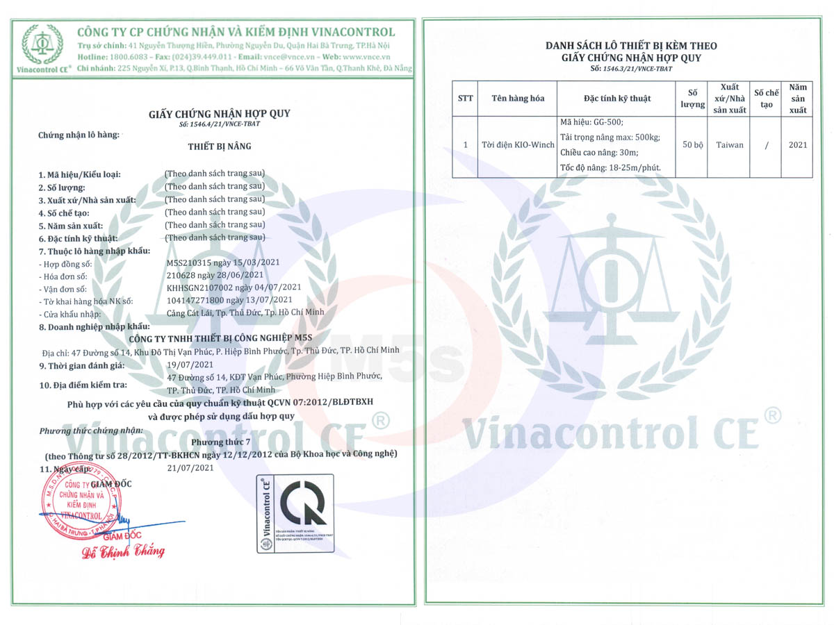 chứng nhận hợp quy của tời KIO WINCH GG-500 chứng nhận hợp quy của tời KIO WINCH GG-500