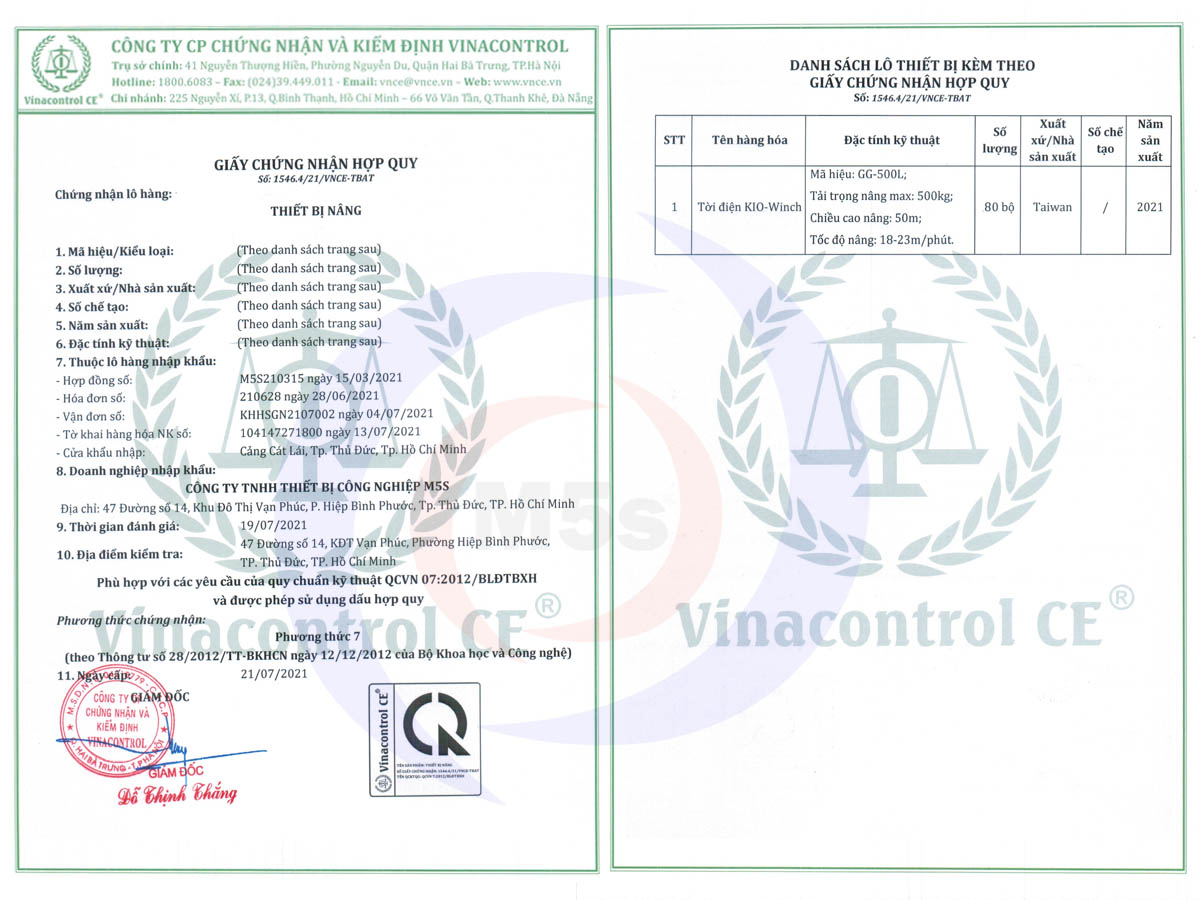 giấy chứng nhận hợp quy của tời KIO WINCH GG-500L giấy chứng nhận hợp quy của tời KIO WINCH GG-500L