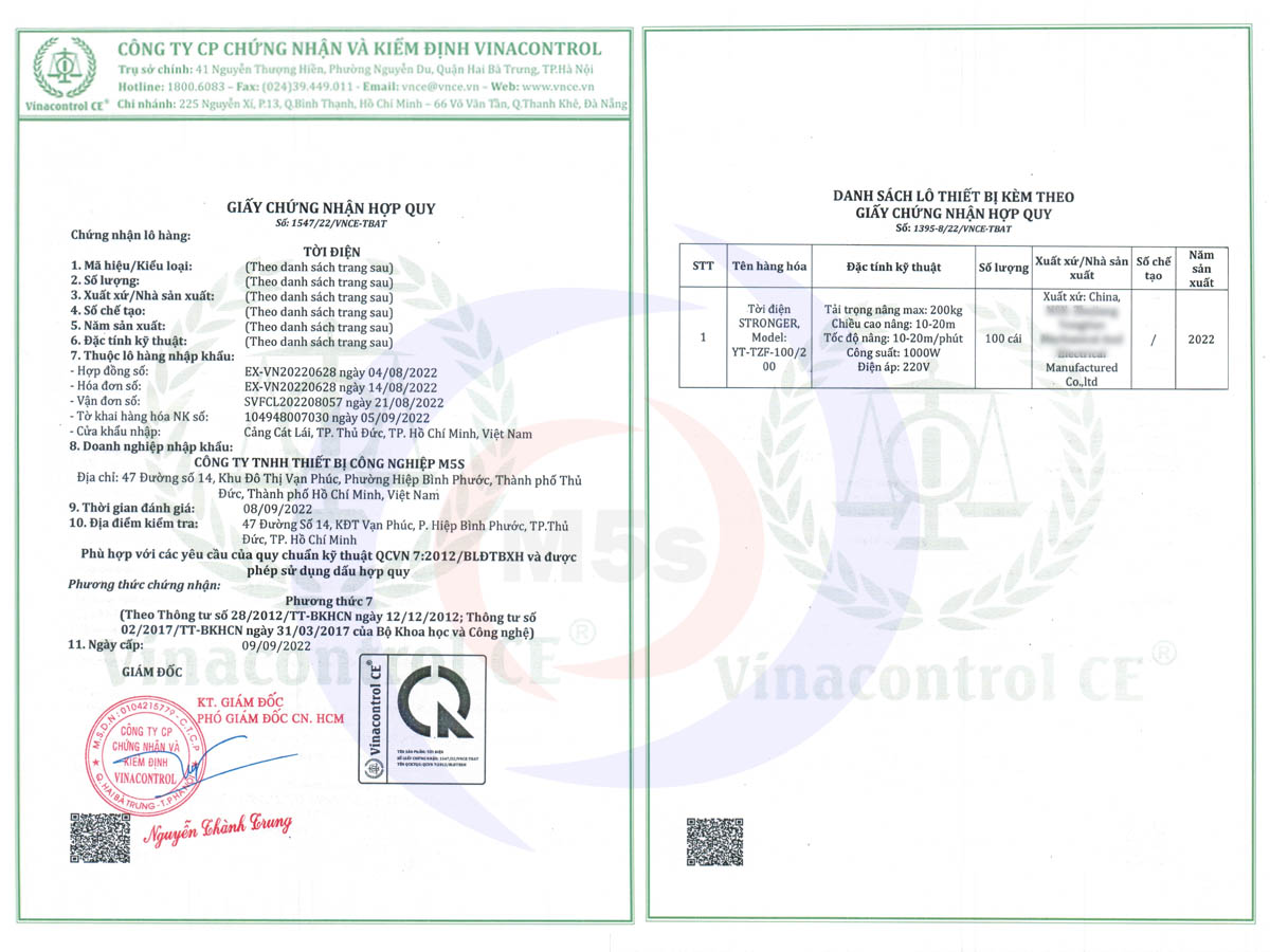 Giấy chứng nhận hợp quy tời điện Stronger YT-TZF-100/200 Giấy chứng nhận hợp quy tời điện Stronger YT-TZF-100/200