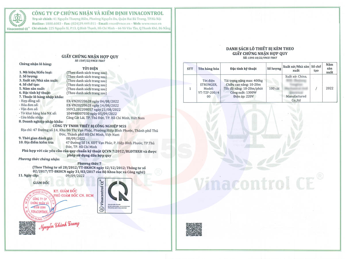 Giấy chứng nhận hợp quy của tời Stronger YT-TZF-200/400 Giấy chứng nhận hợp quy của tời Stronger YT-TZF-200/400