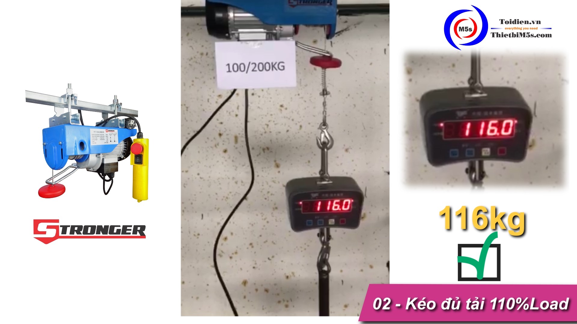 Thực nghiệm tải tời điện mini 100/200kg Stronger TỜI ĐIỆN MINI 100-200KG STRONGER