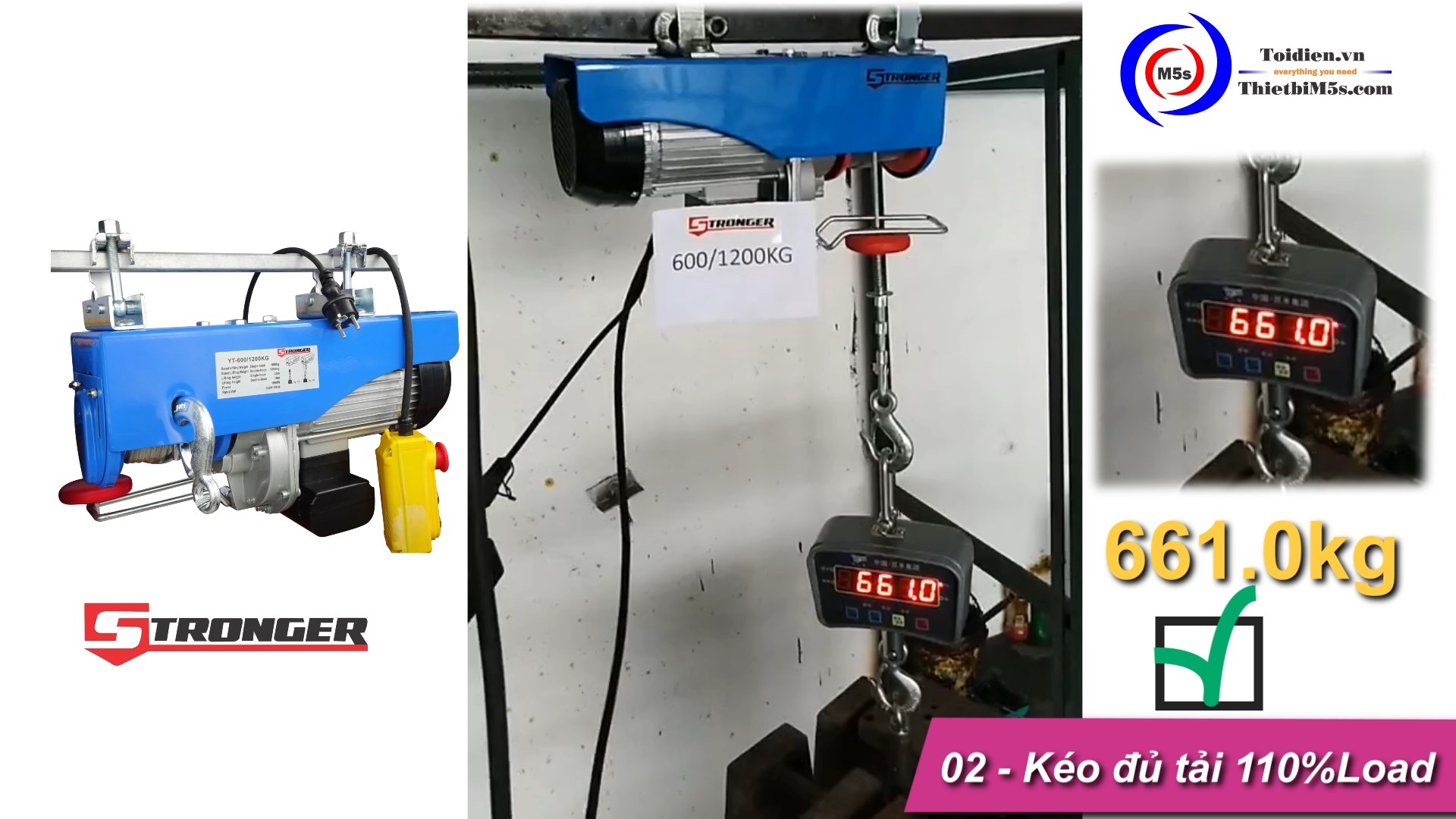 110% tải thực nghiệm - Tời điện mini 600/1200kg Stronger TỜI ĐIỆN MINI 600-1200KG STRONGER