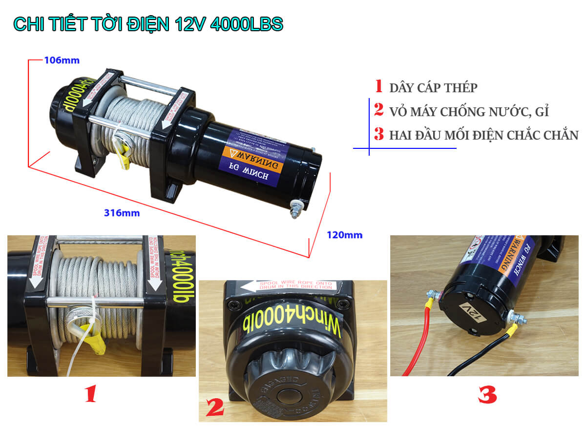 Tời điện kéo xe 12V 4000LBS STRONGER Tời điện kéo xe 12V 4000LBS STRONGER