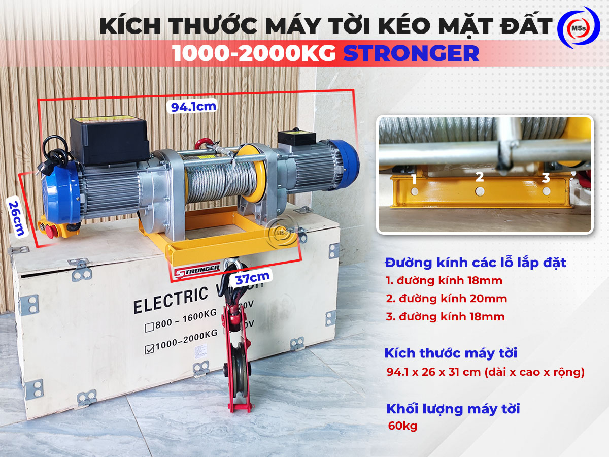 Kích thước máy tời kéo mặt đất 1 tấn - 2 tấn Stronger Kích thước máy tời kéo mặt đất 1 tấn - 2 tấn Stronger