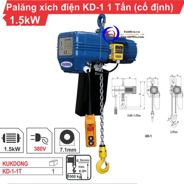 Palăng xích điện 1 Tấn KD-1 (cố định)
