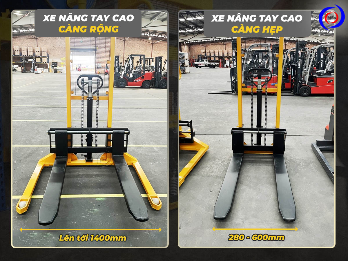 Xe nâng tay cao càng rộng và càng hẹp Xe nâng tay cao càng rộng và càng hẹp