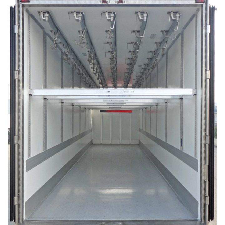 Ứng dụng Thanh chắn hàng thùng xe 2 đầu khóa E-track làm tầng hoặc chặn các kệ rack trong thùng xe đông lạnh Ứng dụng Thanh chắn hàng thùng xe 2 đầu khóa E-track làm tầng hoặc chặn các kệ rack trong thùng xe đông lạnh