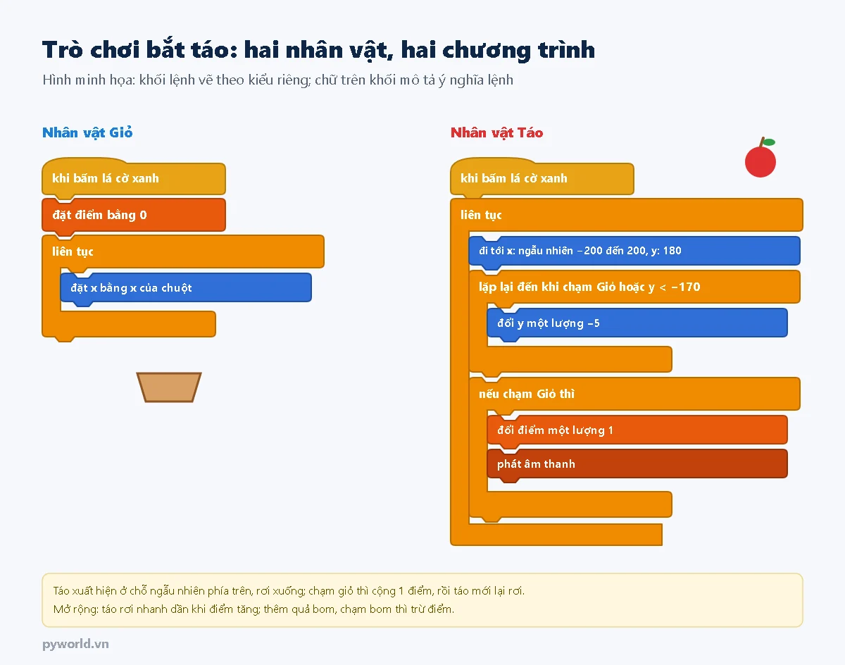 Chương trình trò chơi bắt táo vẽ bằng khối lệnh: nhân vật Giỏ đặt điểm bằng 0 và liên tục đặt x bằng x của chuột; nhân vật Táo liên tục đi tới vị trí ngẫu nhiên phía trên, rơi xuống cho đến khi chạm Giỏ hoặc chạm đáy, nếu chạm Giỏ thì cộng 1 điểm và phát âm thanh